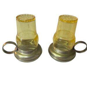 Vintage Yellow Glass & Metal Salt & Pepper Shakers With Handles